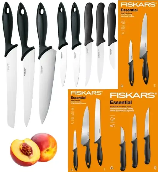 FISKARS ESSENTIAL Komplet 8 noży (kuchenne +Szefa +do warzyw) w pudełku / stal nierdzewna HRC 53