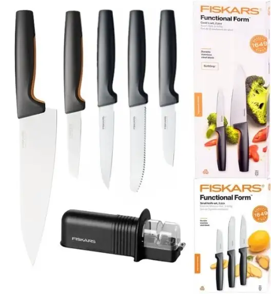 FISKARS FUNCTIONAL FORM 1057557+1057561 Komplet 5 noży (2+3) w pudełkach + ostrzałka ESSENTIAL