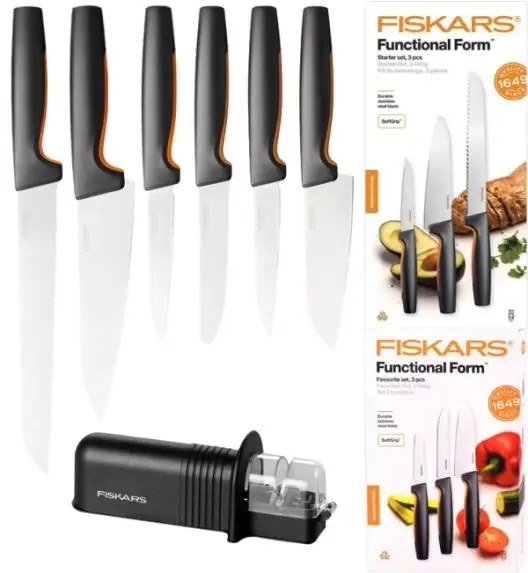 FISKARS FUNCTIONAL FORM 1057556+1057559 Komplet 6 noży (3+3) w pudełkach + ostrzałka ESSENTIAL
