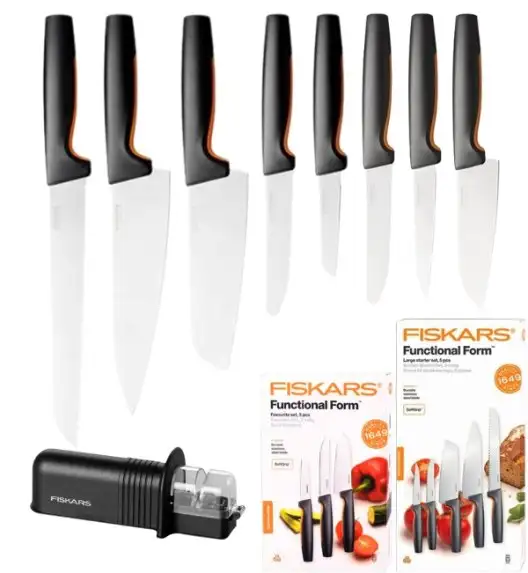 FISKARS FUNCTIONAL FORM 1057556+1057558 Komplet 8 noży (3+5) w pudełkach + ostrzałka ESSENTIAL