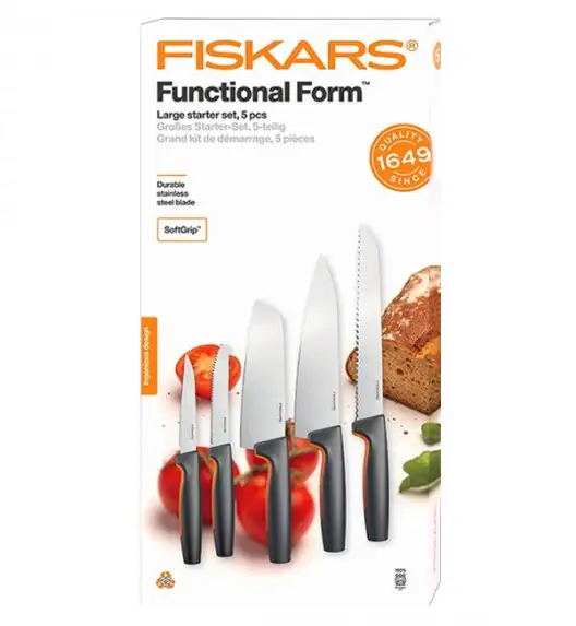 FISKARS FUNCTIONAL FORM 1057556+1057558 Komplet 8 noży (3+5) w pudełkach + ostrzałka ESSENTIAL