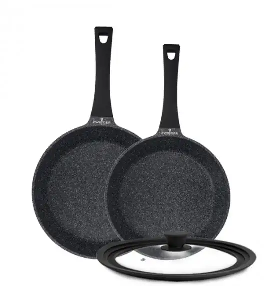 ZWIEGER BLACK STONE Komplet patelni uniwersalnych 24 + 28 cm + Pokrywka uniwersalna Tadar / GREBLON non-stick
