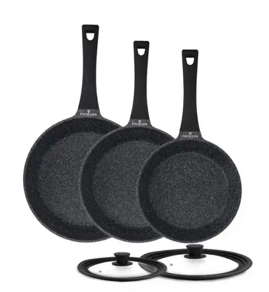 ZWIEGER BLACK STONE Komplet patelni 20 + 24 + 28 cm + Pokrywki uniwersalne Tadar / GREBLON non-stick