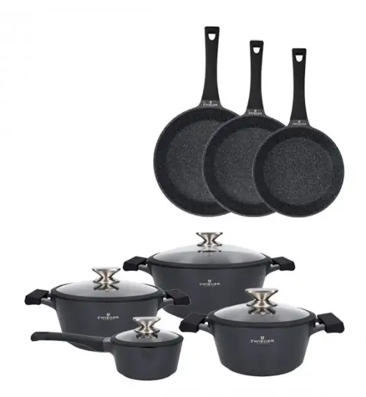 ZWIEGER BLACK STONE Zestaw garnków z pokrywkami 20, 24, 28 cm + Rondel 16 cm + Patelnie 20, 24, 28 cm 