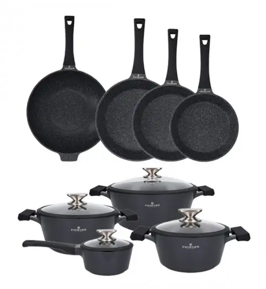 ZWIEGER BLACK STONE Zestaw garnków z pokrywkami 20, 24, 28 cm + Rondel 16 cm + Patelnie 20, 24, 28 cm + Wok 32 cm