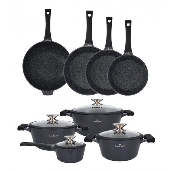 ZWIEGER BLACK STONE Zestaw garnków z pokrywkami 20, 24, 28 cm + Rondel 16 cm + Patelnie 20, 24, 28 cm + Wok 32 cm