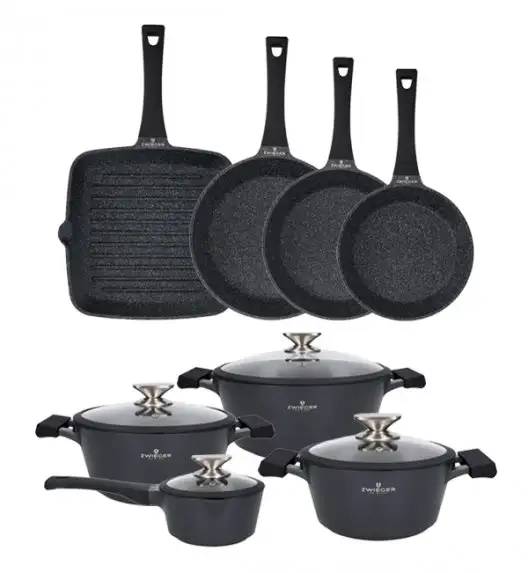ZWIEGER BLACK STONE Zestaw garnków z pokrywkami 20, 24, 28 cm + Rondel 16 cm + Patelnie 20, 24, 28 cm + Grillowa 28 cm