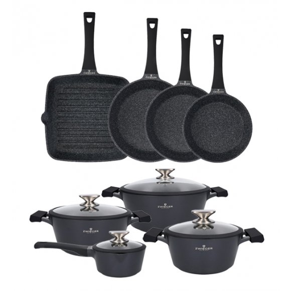 ZWIEGER BLACK STONE Zestaw garnków z pokrywkami 20, 24, 28 cm + Rondel 16 cm + Patelnie 20, 24, 28 cm + Grillowa 28 cm