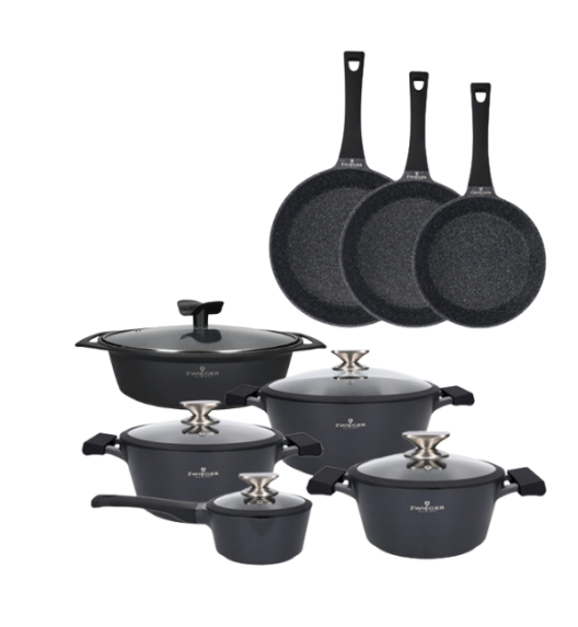 ZWIEGER BLACK STONE Zestaw garnków z pokrywkami 20, 24, 28 cm + Rondel 16 cm + Patelnie 20, 24, 28 cm + Brytfanna 33 cm
