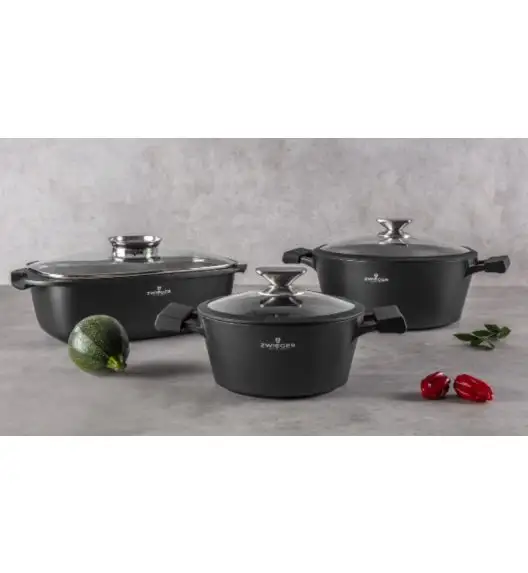 ZWIEGER BLACK STONE Zestaw garnków z pokrywkami 20, 24, 28 cm + Rondel 16 cm + Patelnie 20, 24, 28 cm + Pokrywki Tadar