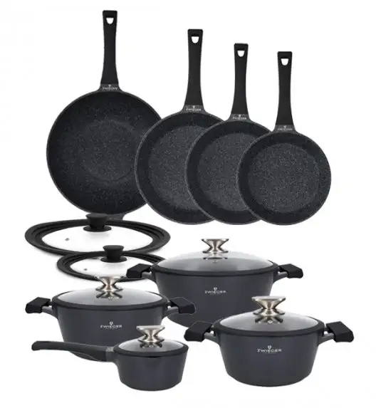ZWIEGER BLACK STONE Zestaw garnków z pokrywkami 20, 24, 28 cm + Rondel 16 cm + Patelnie 20, 24, 28 cm + Wok 32 cm + Pokrywki Tadar