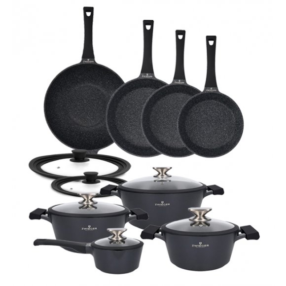 ZWIEGER BLACK STONE Zestaw garnków z pokrywkami 20, 24, 28 cm + Rondel 16 cm + Patelnie 20, 24, 28 cm + Wok 32 cm + Pokrywki Tadar