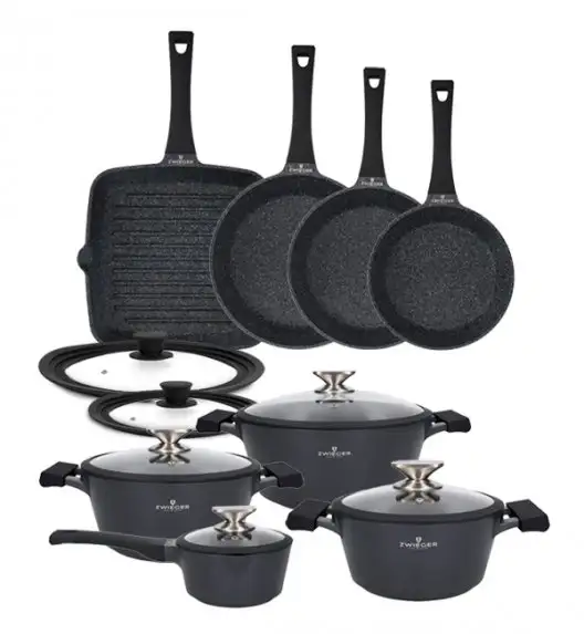 ZWIEGER BLACK STONE Zestaw garnków z pokrywkami 20, 24, 28 cm + Rondel 16 cm + Patelnie 20, 24, 28 cm + Grillowa 28 cm + Pokrywki Tadar