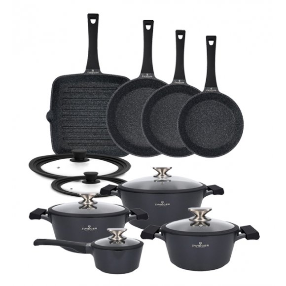 ZWIEGER BLACK STONE Zestaw garnków z pokrywkami 20, 24, 28 cm + Rondel 16 cm + Patelnie 20, 24, 28 cm + Grillowa 28 cm + Pokrywki Tadar