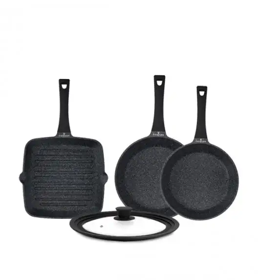 ZWIEGER BLACK STONE Komplet patelni 24, 28 cm + Patelnia grillowa 28 cm + Pokrywka uniwersalna Tadar / GREBLON non-stick