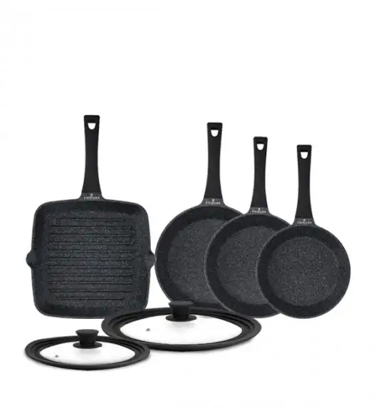 ZWIEGER BLACK STONE Komplet patelni 20, 24, 28 cm + Patelnia grillowa 28 cm + Pokrywki uniwersalne Tadar / GREBLON non-stick