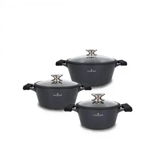 ZWIEGER BLACK STONE Zestaw garnków z pokrywkami 20, 24, 28 cm / GREBLON non-stick
