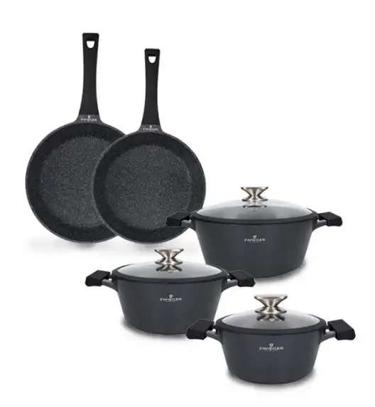 ZWIEGER BLACK STONE Zestaw garnków z pokrywkami 20, 24, 28 cm + Patelnie 24, 28 cm 