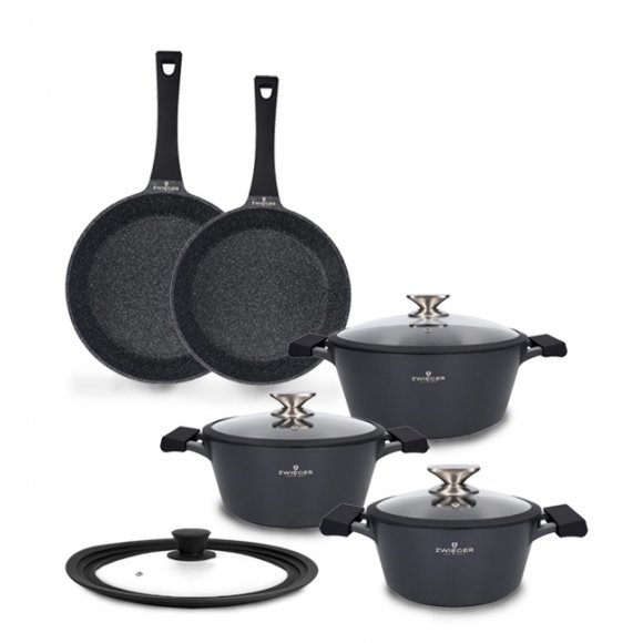 ZWIEGER BLACK STONE Zestaw garnków z pokrywkami 20, 24, 28 cm + Patelnie 24, 28 cm + Pokrywka uniwersalna Tadar