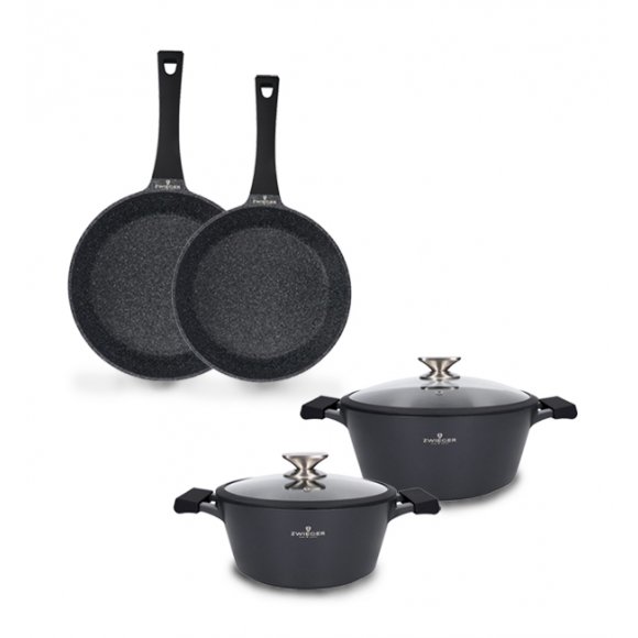 ZWIEGER BLACK STONE Zestaw garnków z pokrywkami 24, 28 cm + Patelnie 24, 28 cm