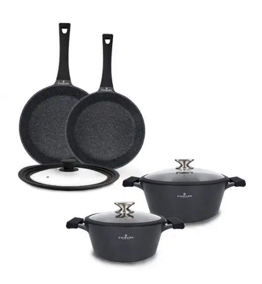 ZWIEGER BLACK STONE Zestaw garnków z pokrywkami 24, 28 cm + Patelnie 24, 28 cm + Pokrywka uniwersalna Tadar