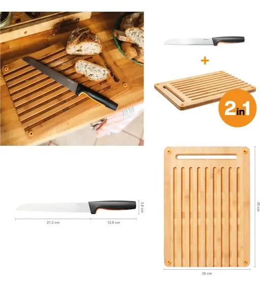 FISKARS FUNCTIONAL FORM 1057551 Komplet Deska 35 x 25 cm + Nóż do chleba 21 cm 