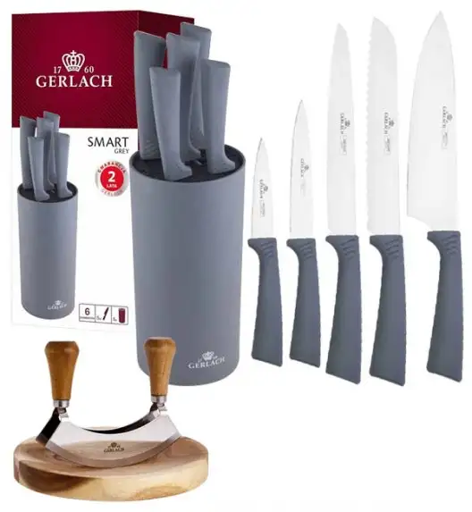 GERLACH SMART GREY Komplet 5 noży w bloku + Tasak do ziół z deską