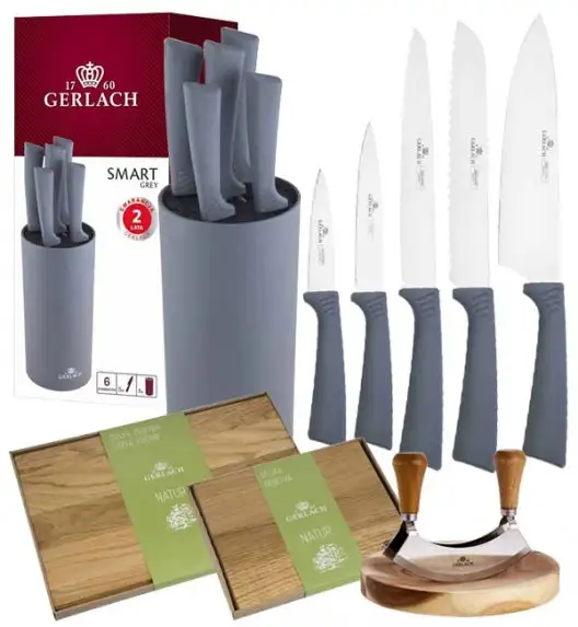 GERLACH SMART BLACK 994 Zestaw noży w bloku 6 elementów + Tasak z deską + deski drewniane / antypoślizgowa rękojeść 