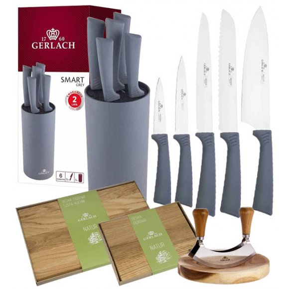 GERLACH SMART BLACK 994 Zestaw noży w bloku 6 elementów + Tasak z deską + deski drewniane / antypoślizgowa rękojeść 