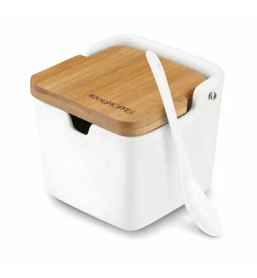 KONIGHOFFER CERAMIC Porcelanowa cukiernica 270 ml z bambusową pokrywką + łyżeczka / biała