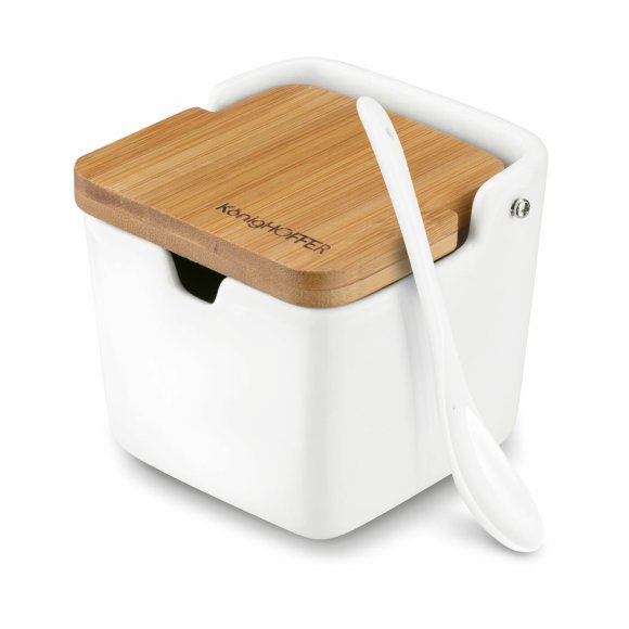 KONIGHOFFER CERAMIC Porcelanowa cukiernica 270 ml z bambusową pokrywką + łyżeczka / biała