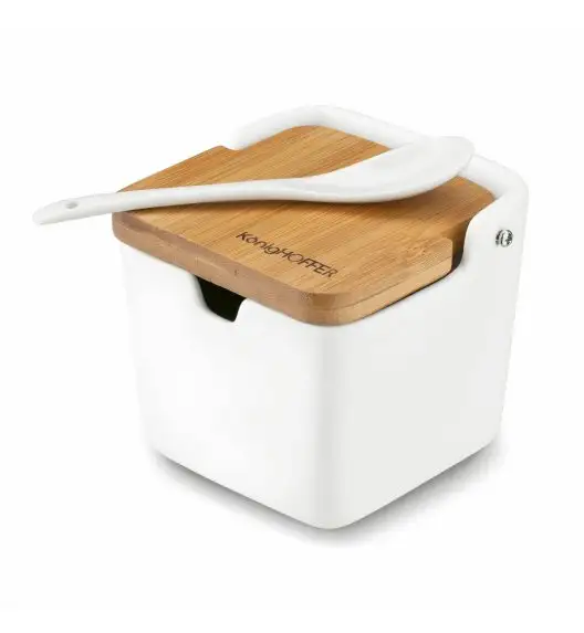 KONIGHOFFER CERAMIC Porcelanowa cukiernica 270 ml z bambusową pokrywką + łyżeczka / biała