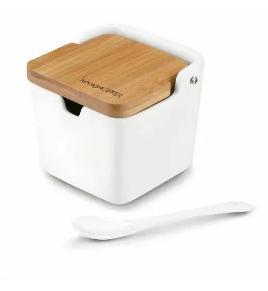 KONIGHOFFER CERAMIC Porcelanowa cukiernica 270 ml z bambusową pokrywką + łyżeczka / biała