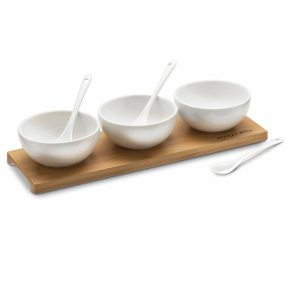 KONIGHOFFER CERAMIC Zestaw do serwowania dipów / miseczki NBC 150 ml + deska bambusowa / białe
