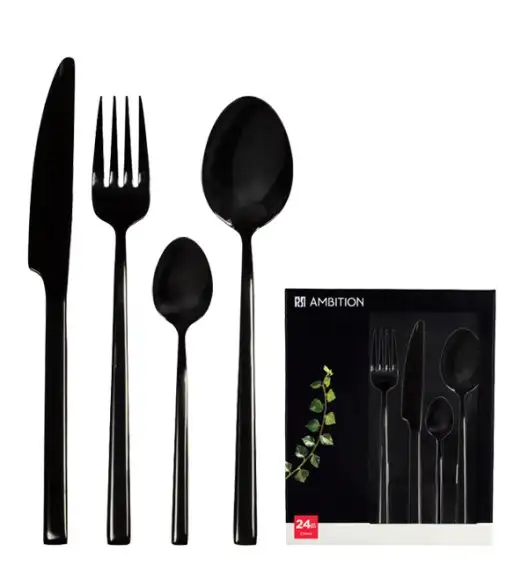 AMBITION COMO BLACK Komplet sztućców 24 el dla 6 osób w pudełku / czarne sztućce