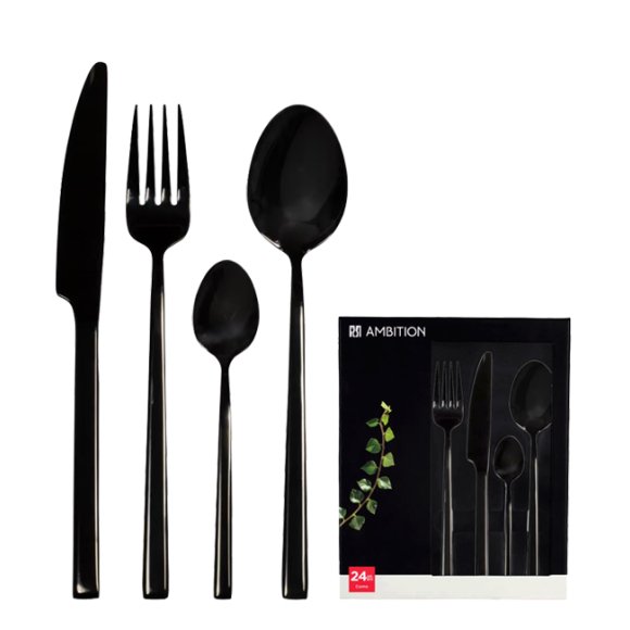 AMBITION COMO BLACK Komplet sztućców 24 el dla 6 osób w pudełku / czarne sztućce