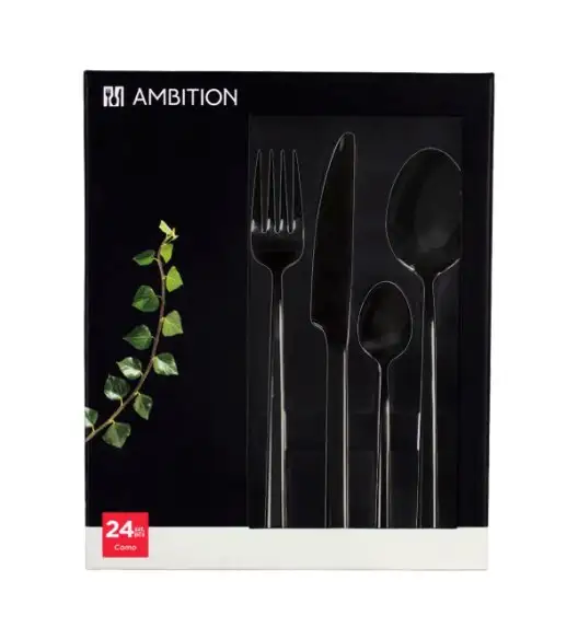 AMBITION COMO BLACK Komplet sztućców 24 el dla 6 osób w pudełku / czarne sztućce