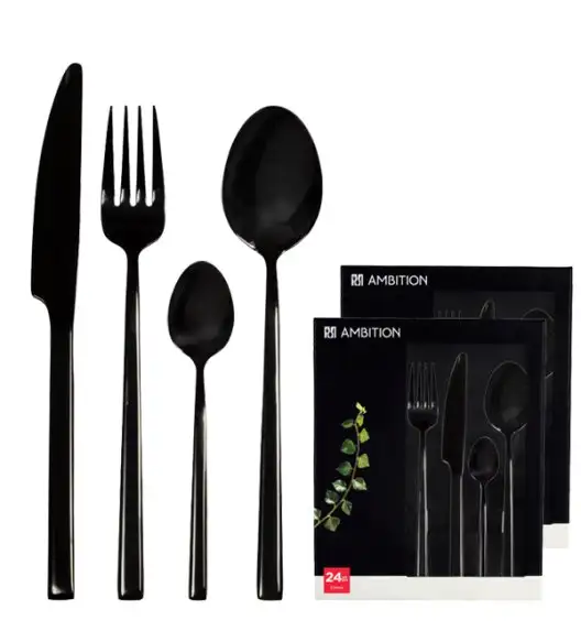 AMBITION COMO BLACK Komplet sztućców 48 el dla 12 osób w pudełku / czarne sztućce