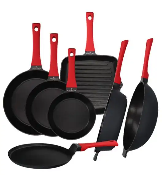 ZWIEGER OBSIDIAN Komplet 7 patelni / Grillowa, naleśnikowa, wok / powłoka GREBLON non- stick