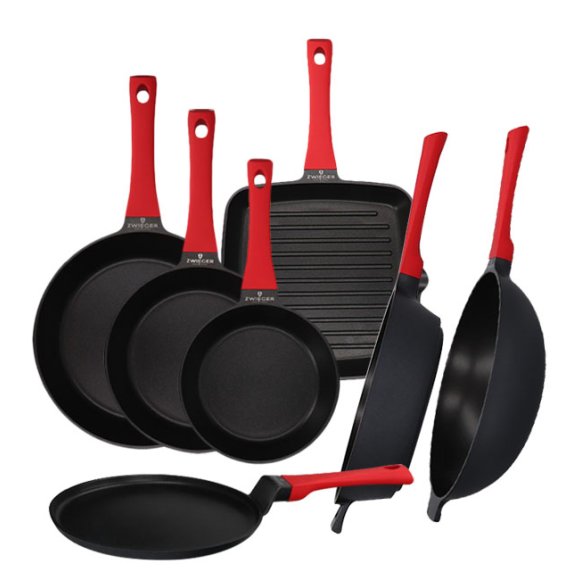 ZWIEGER OBSIDIAN Komplet 7 patelni / Grillowa, naleśnikowa, wok / powłoka GREBLON non- stick