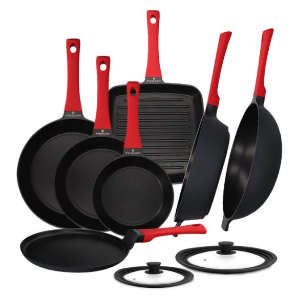 ZWIEGER OBSIDIAN Komplet 7 patelni + pokrywki uniwersalne Tadar / Grillowa, naleśnikowa, wok / powłoka GREBLON non- stick