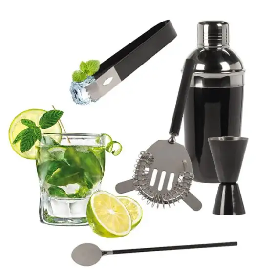 EXCELLENT HOUSEWARE Shaker barmański z akcesoriami 5 el czarny / stal nierdzewna