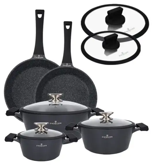 ZWIEGER BLACK STONE Zestaw garnków z pokrywkami 20, 24, 28 cm + Patelnie 24, 28 cm + Pokrywki