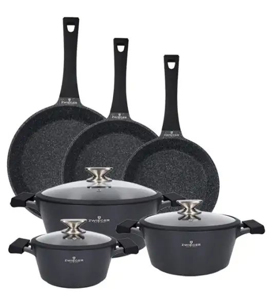 ZWIEGER BLACK STONE Zestaw garnków z pokrywkami 20, 24, 28 cm + Patelnie 20, 24, 28 cm 