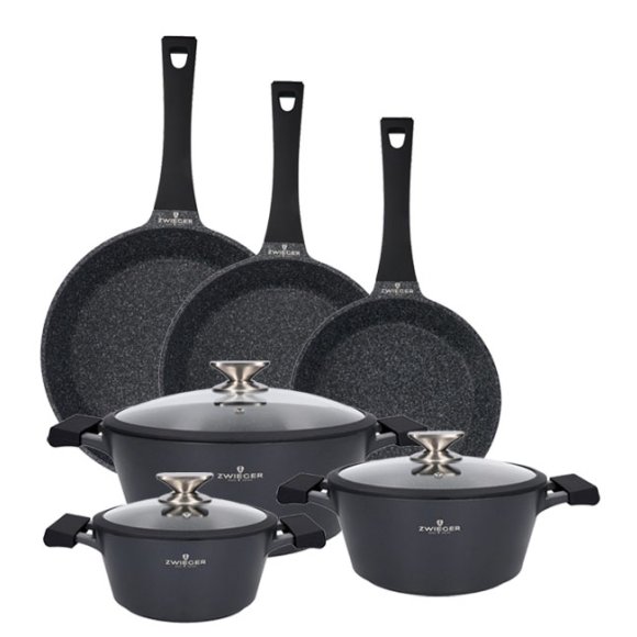 ZWIEGER BLACK STONE Zestaw garnków z pokrywkami 20, 24, 28 cm + Patelnie 20, 24, 28 cm 