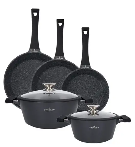 ZWIEGER BLACK STONE Zestaw garnków z pokrywkami 24, 28 cm + Patelnie 20, 24, 28 cm 