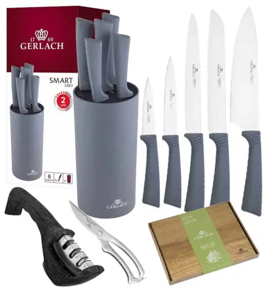 GERLACH SMART GREY Komplet 5 noży w bloku + nożyce do drobiu+ deska mała+ ostrzałka 3w1