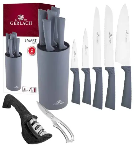GERLACH SMART GREY Komplet 5 noży w bloku + nożyce do drobiu+ ostrzałka 3w1