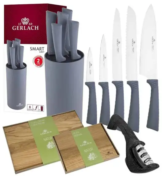 GERLACH SMART GREY Komplet 5 noży w bloku + nożyce do drobiu+ deski Natur