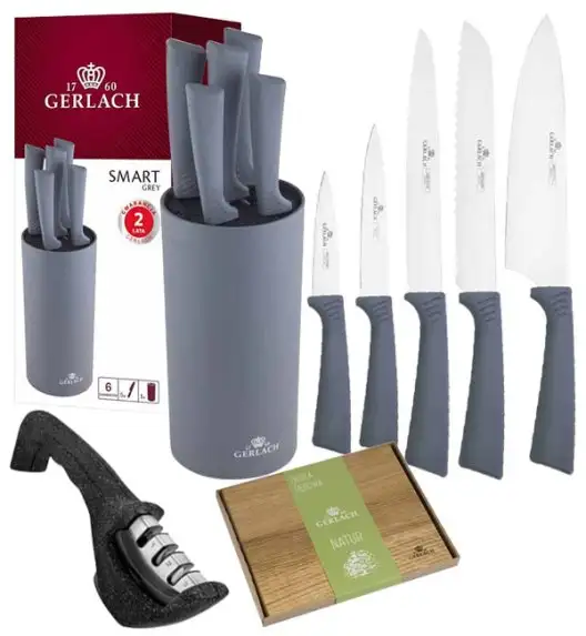 GERLACH SMART GREY Komplet 5 noży w bloku + ostrzałka+ deska